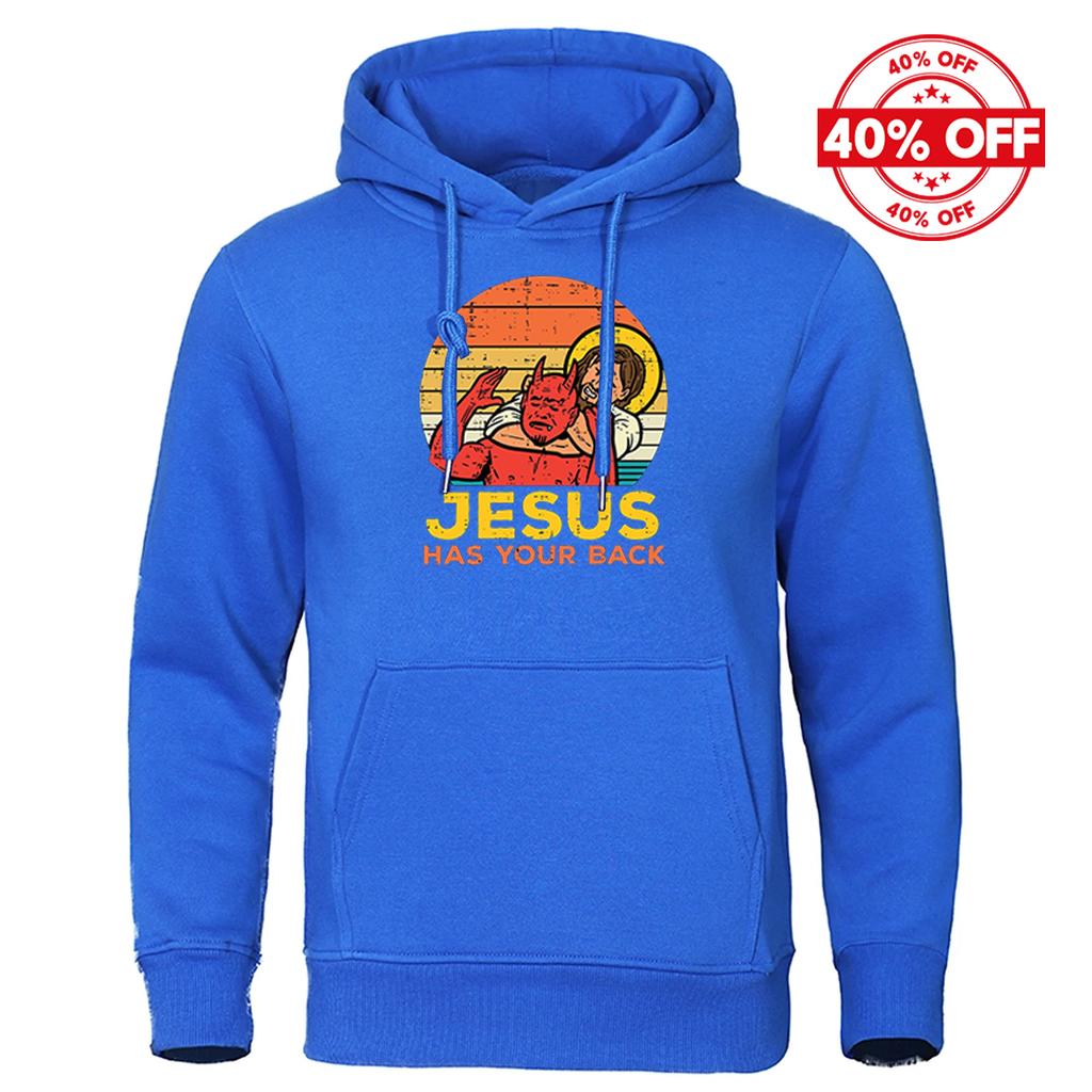2025 Spring And Autumn Man's Solid Color Popular Coat Jesus Has Your Back Jiu Jitsu Retro Christian Logo Print Pullover Hoodies