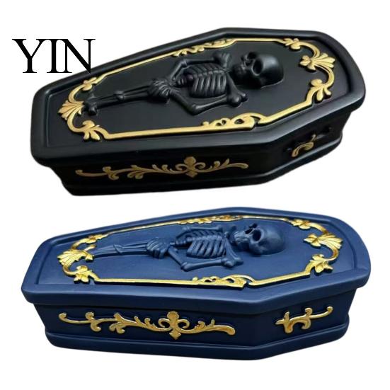 Halloween Atmosphere Prop Gothic Skull Casket Jewelry Box, Resin Spooky Storage Figurine for Desktop Sundries Organizer Rings, Dark Tabletop