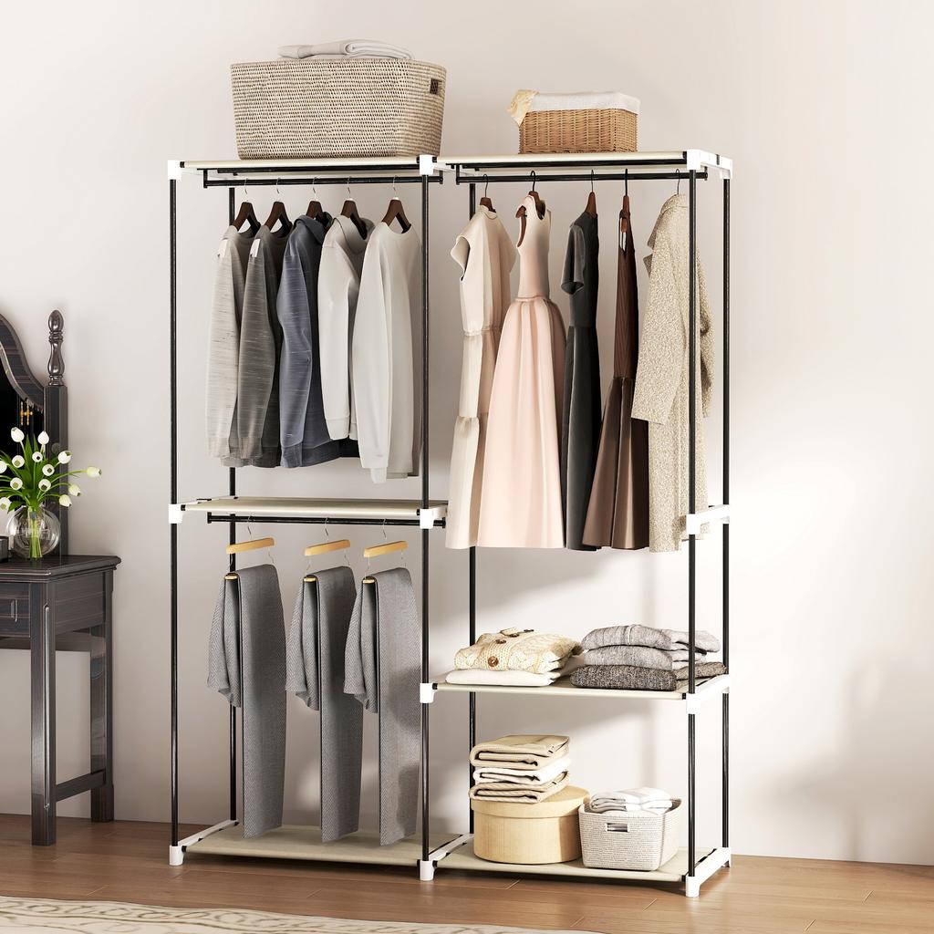 Open Wardrobe, 4 Fabric Shelves, 3 Hanging Rails, Metal Frame, 142 x 43 x 185 cm, Cream
