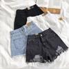 Summer Women Denim Shorts High Waist A-line Solid Color Ripped Button Zipper Closure Retro Pockets Slim