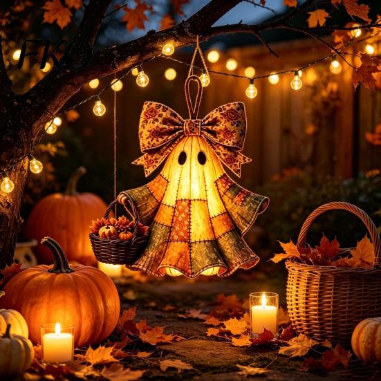 Halloween Door Hanger Lighted Vintage Patchwork Ghost Hanger, Rustic Farmhouse Figurine, LED Light Up Realistic Figurine Spooky Resin Statue