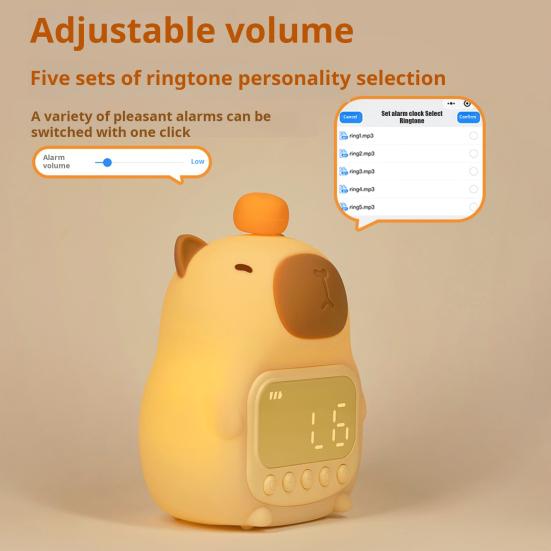 Capybara Alarm Clock with Night Light Dimmable Snooze Function Rechargeable Silicone