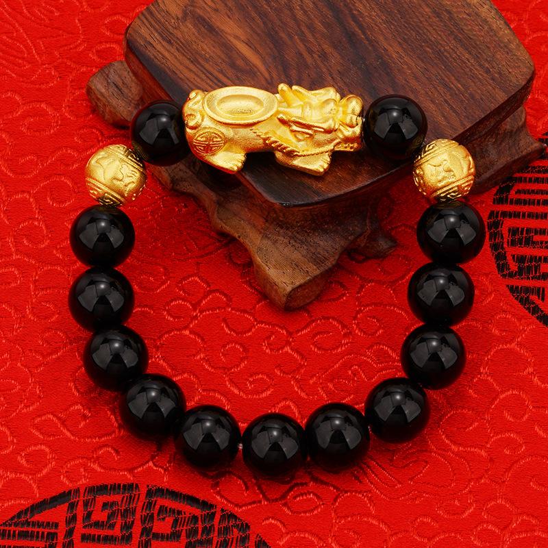 Luxury 24k Gold Pixiu Imitation Agate Bracelet for Men, Obsidian Bracelet, Sand Gold
