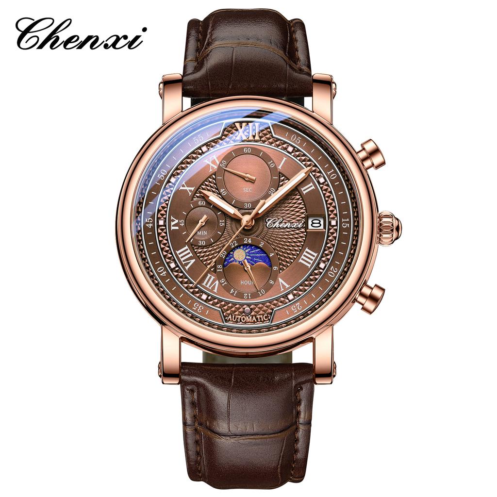 Chenxi Men's Watch Leather Chronograph Date Quartz Watches Phase Moon Timing Business Luminous Wrist Watch