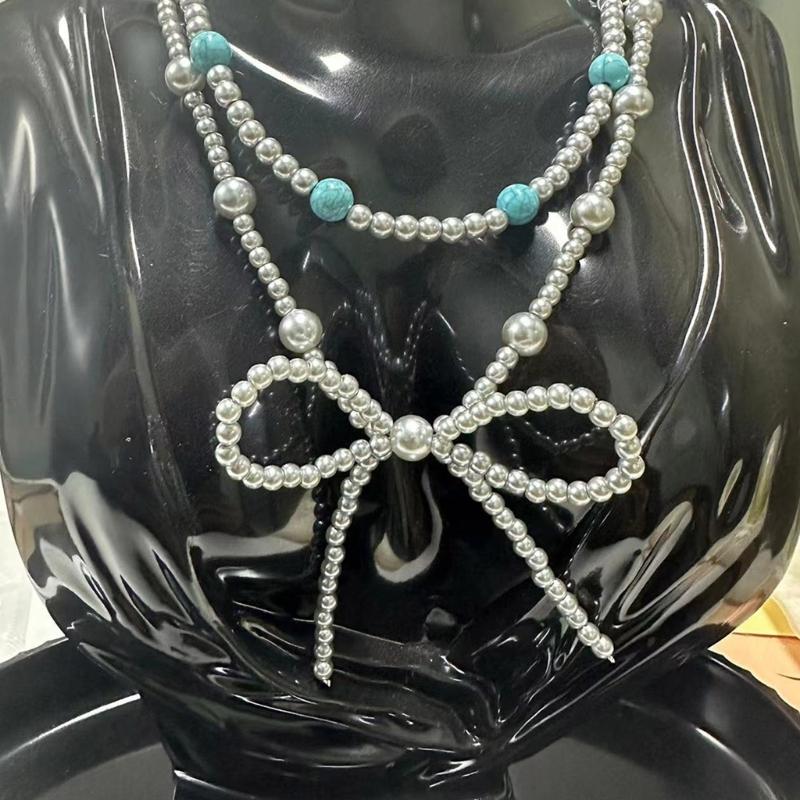 Practical Imitation Pearls Bowknot Necklace Western Styles Turquoise Jewelry for Women Cowgirl Fashion Accessory