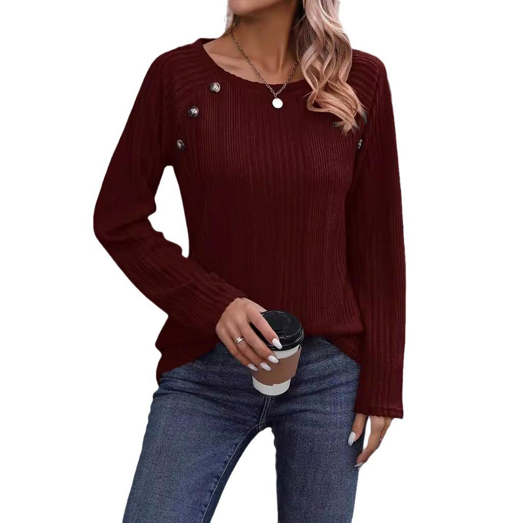 Autumn and Winter Women's Pit Stripe Milled Round Neck Solid Colour Button Long Sleeve Top