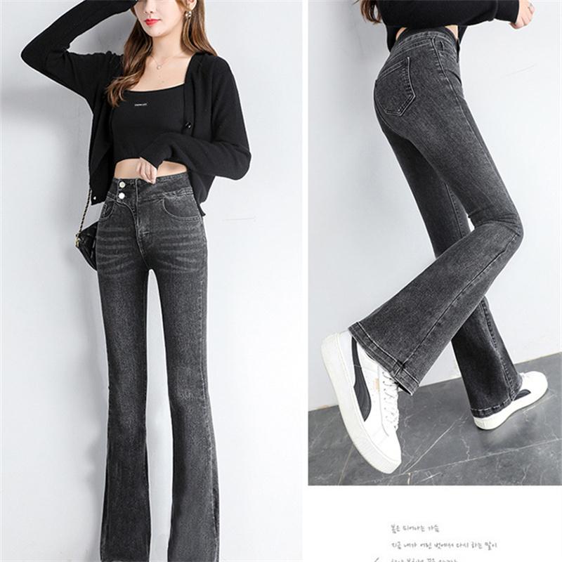 2022 Autumn Winter High Waist Fashion Leisure Simple Comfortable Jeans For Women  Trumpet Pant Retro Elastic Style Denim Trouser