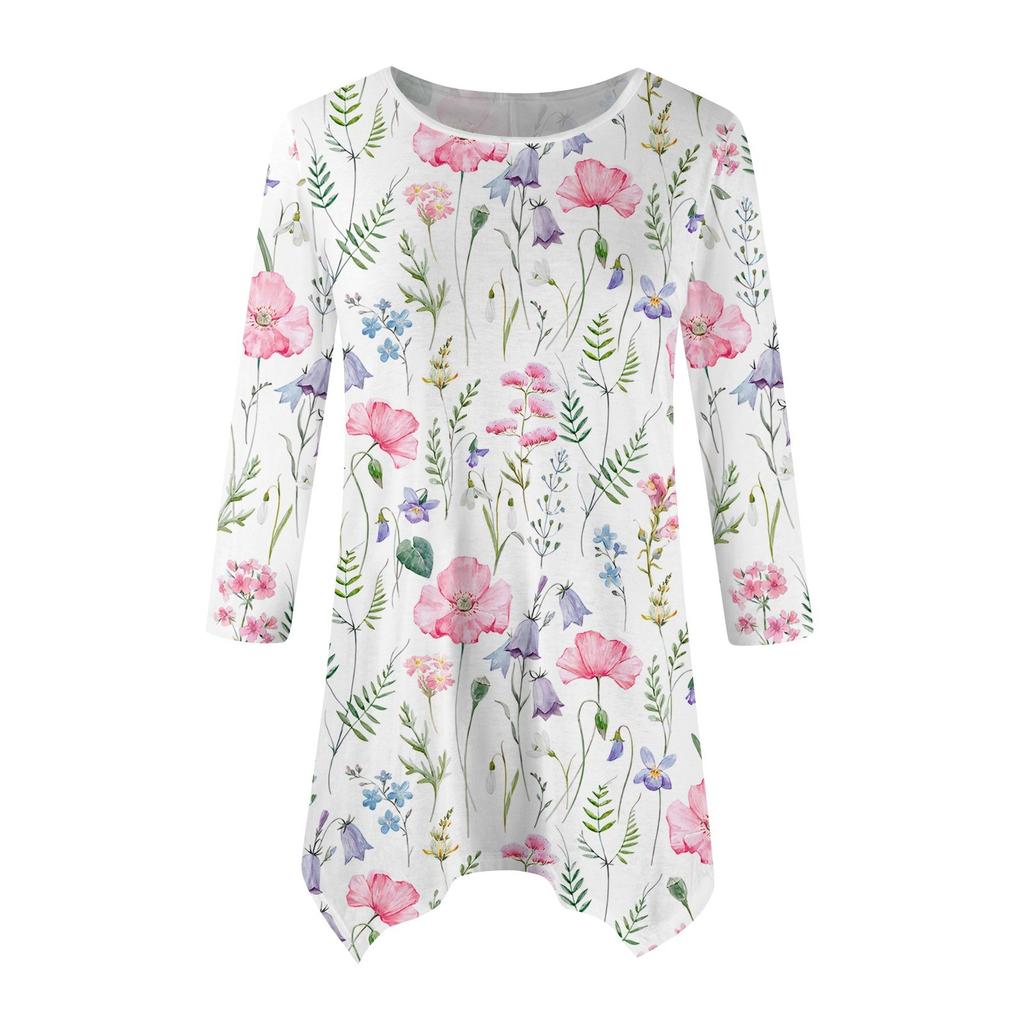 Женская модная повседневная рубашка с круглым вырезом и цветочным принтом, рукавами-семью, свободным удобным топом с поясом