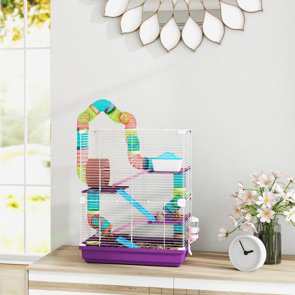 5-Level Hamster Cage with Tunnels, Wheel, Feeder, House, Purple, 46 x 30 x 58 cm