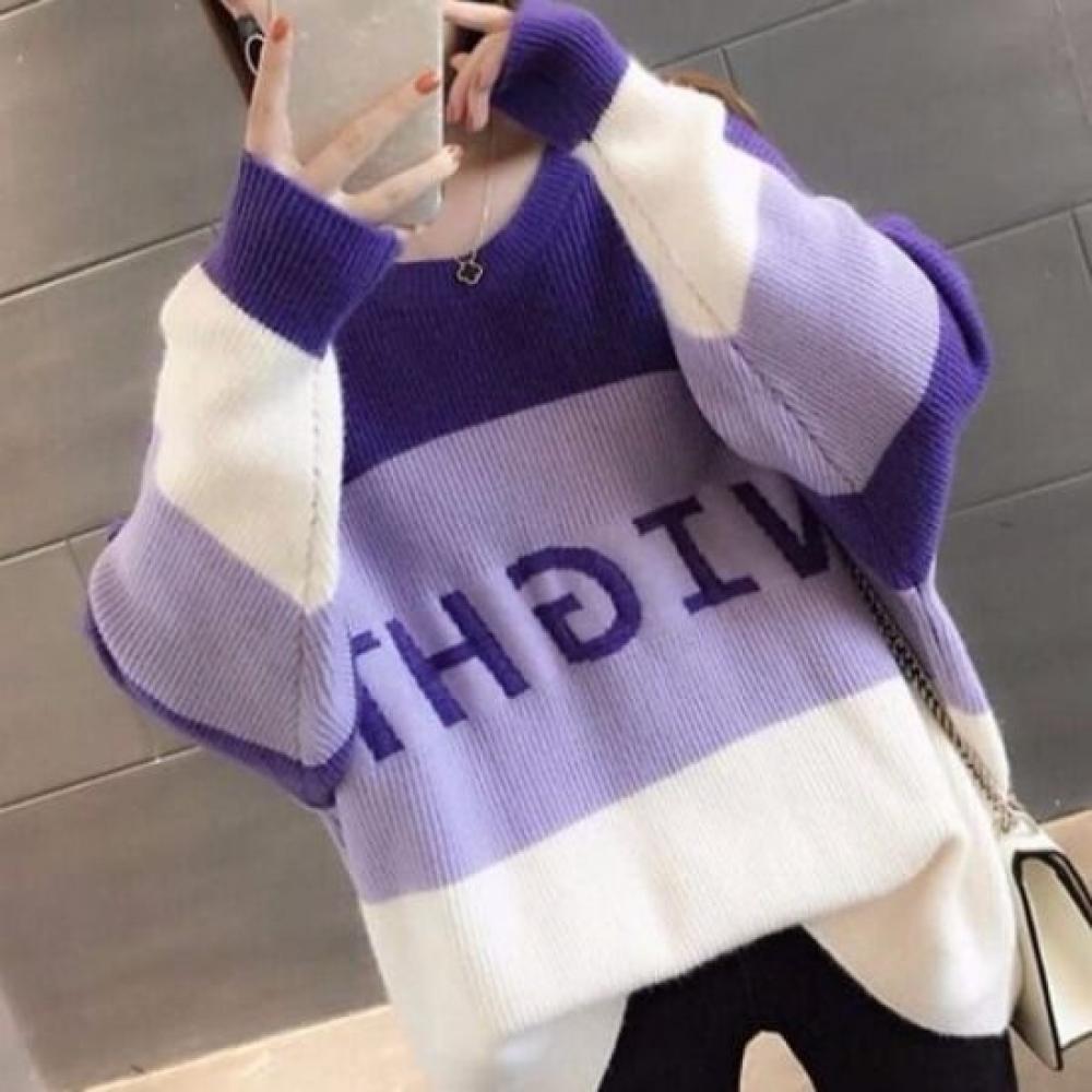 Navava Loose Fit Lettering Color Block Round Neck Long Sleeve Knit Sweater Nk350