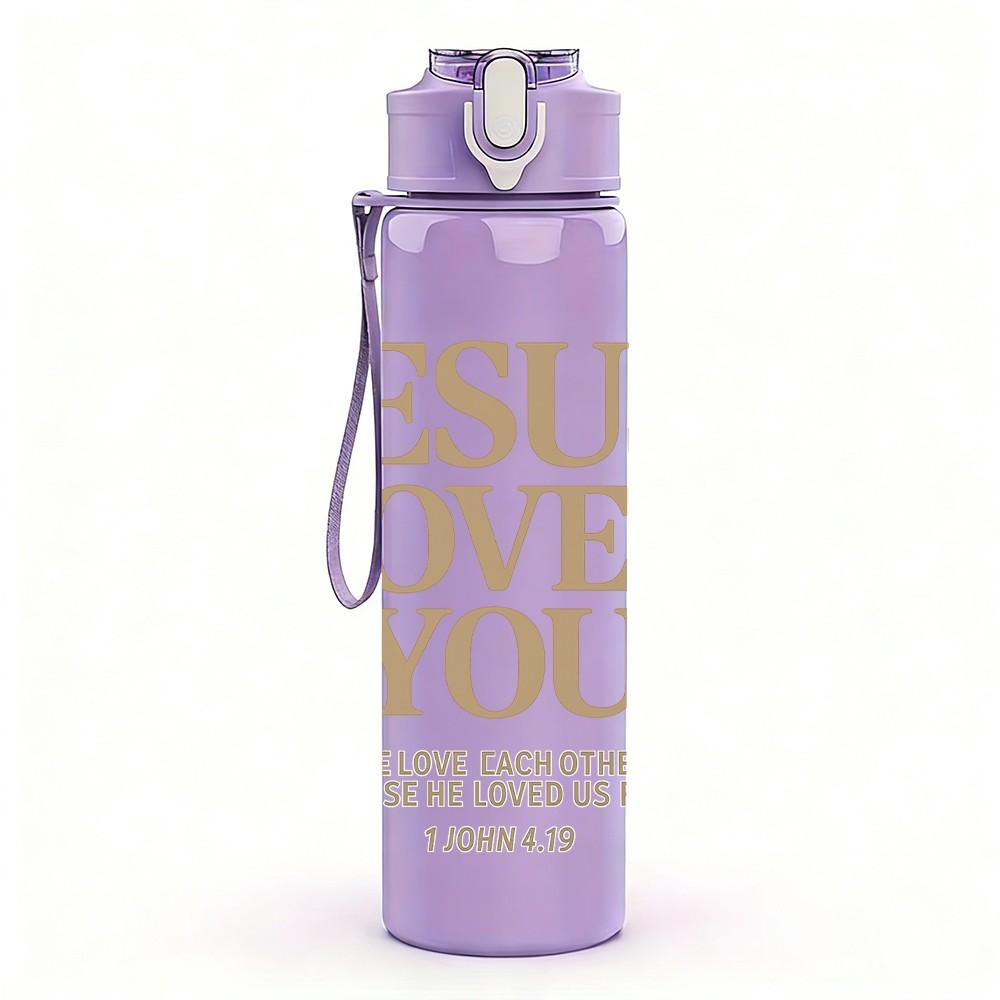 1PC Jesus Loves You Text 750ml Color Plastic Sports Water Bottle Leakproof Flip Straw Lid Suitable for Sports Office Home Use