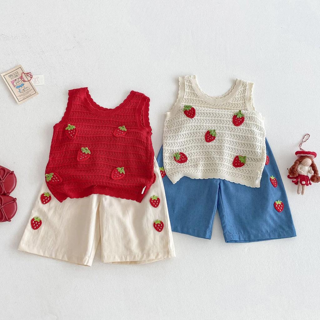 Summer Casual Kids Strawberry Embroidery Set Viscose Knitted Hollow Out Sleeveless Top & Cotton Polyester Straight Leg Shorts