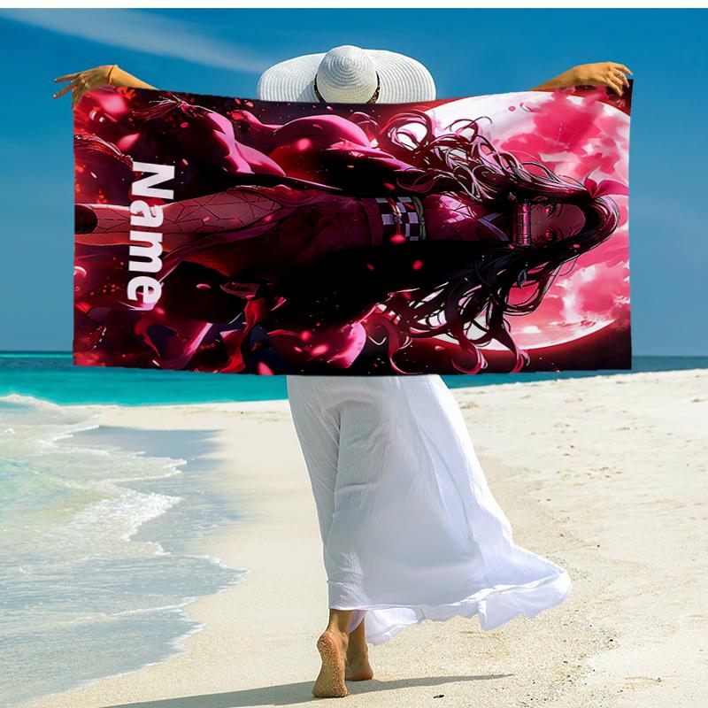 Custom Name Ultra-Soft Beach Towel with Demon Slayer Theme,Ideal for Pool - Camping, Diving - Perfect Travel Essential, Vibrant Beach Towel.