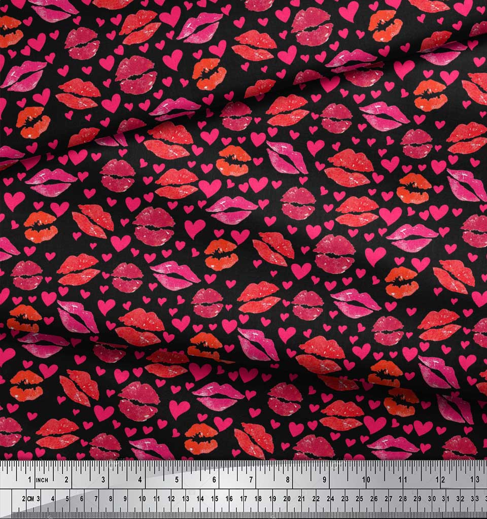 Soimoi Black Japan Crepe Satin Fabric Heart & Lips Women Print Fabric by the metre 42 Inch