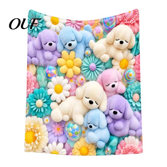 Warm Skin Friendly Living Room Decor Teddy Bear Floral Print Blanket, Super Soft Plush Throw Cute Bunny Pastel for Teens Puppy Pattern, Cozy