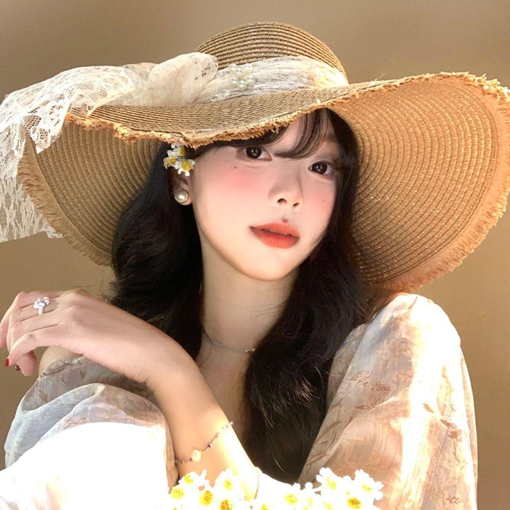 Весна-лето кружевная соломенная шляпа с жемчугом во французском стиле для женщин, соломенная шляпа с бантом и лентой для девочек
