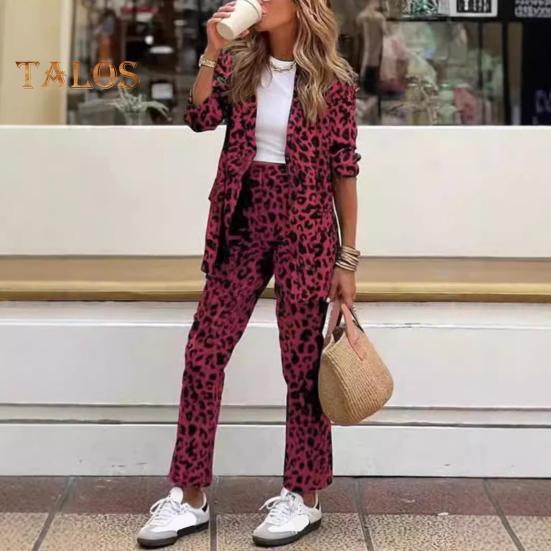 2 шт./комплект женский формальный пиджак брюки комплект длинные рукава леопардовый принт лацкан кардиган средней длины пиджак прямые брюки с высокой талией формальный деловой