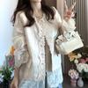 Стильный женский комплект в китайском стиле: жилет и блузка с кружевным V-образным вырезом и длинными рукавами