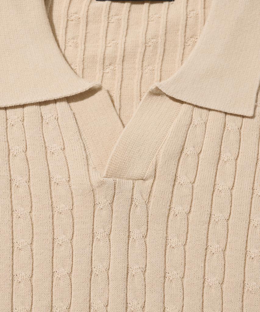ANALOG MOOD Cable Open Collar Short Sleeve Knit (Beige)