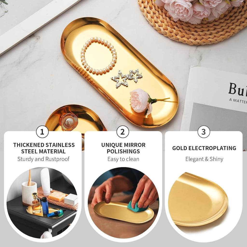 3 Pack Gold Trays for Decor, Stainless Steel Decorative Tray, Small Vanity Tray for Bathroom, Elegant Jewelry Tray for Holding Perfume, Keys, Wallet