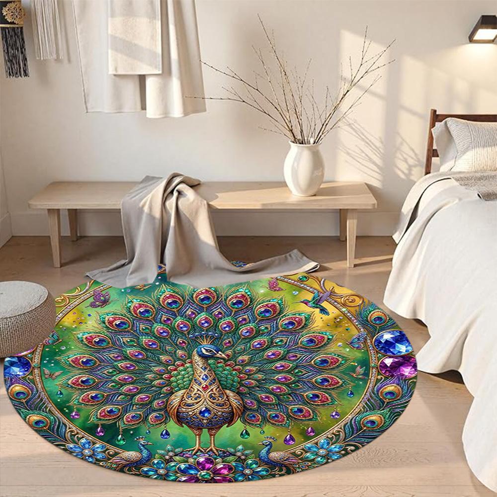 Peacock Round Area Rug Perfect for Balcony Outdoor Foyer Kitchen Anti-slip Round Rug Office home decor Spiritual Gift
