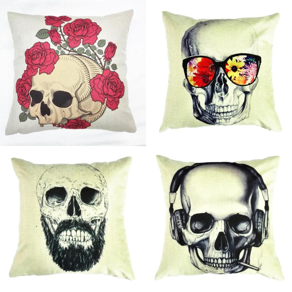 Skeleton Head Throw Pillow Cover With Linen Fabric For Home Decor And Living Room