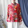 Women Chinese Style Shirts Print Floral Red Tops Stand Long Sleeve Button Blouses Spring Vintage Shirts