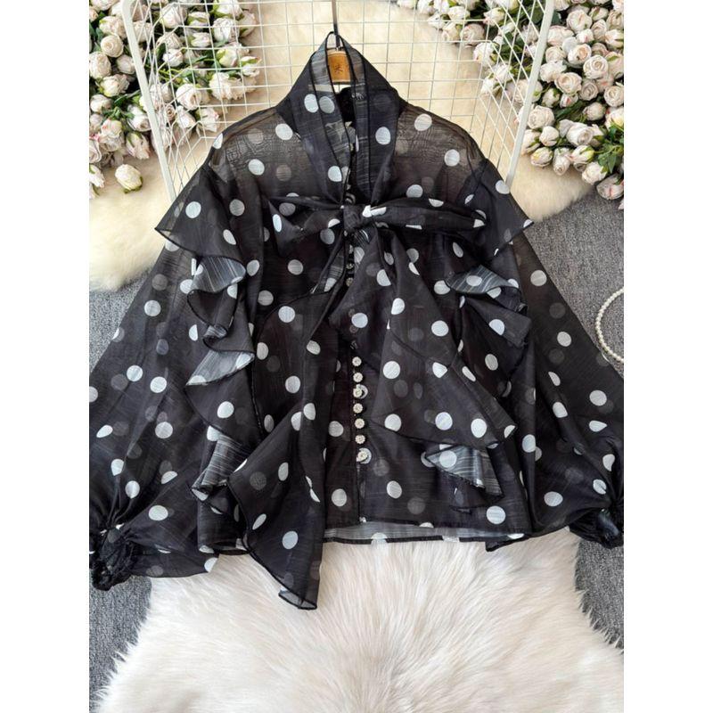 Stylish Ruffles Chiffon Shirt Women's Summer New Lantern Sleeve Shoelace Slim Looking Tie-Dye Inner Suspender Tops