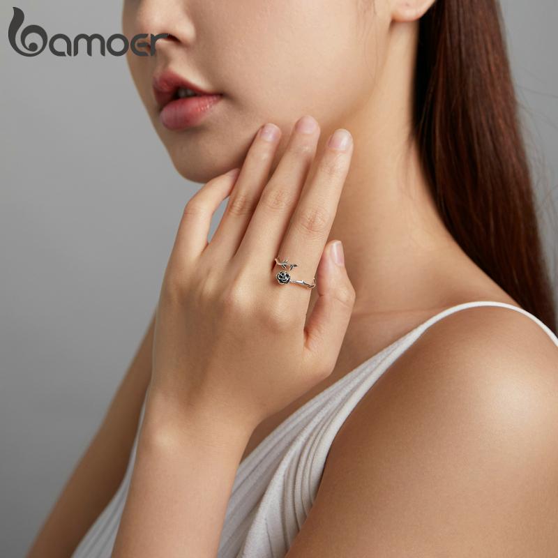 BAMOER 925 Sterling Silver Symbol of Love Exquisite Rose Adjustable Rings for Women Fine Jewelry