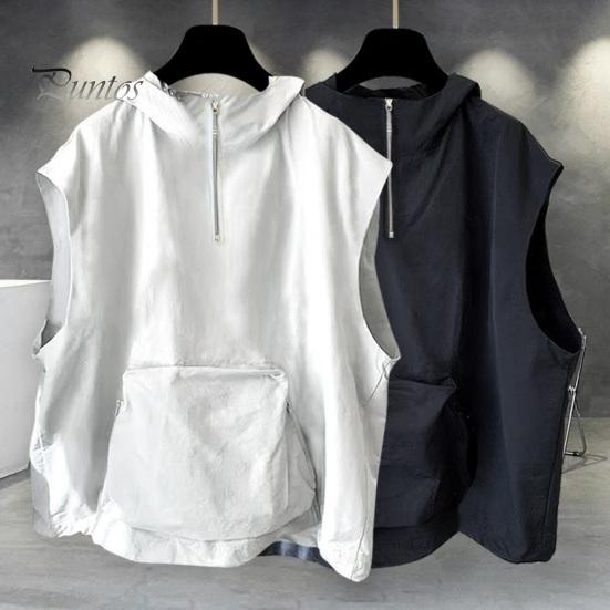 Мужской летний жилет с капюшоном на молнии и половиной планки без рукавов в стиле хип-хоп, жилет, однотонный быстросохнущий жилет с большими карманами