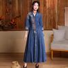 Johnature V-Neck Embroidery Chinese Style Vintage Dress Woman Spring Button Cotton Single Breasted Personality Dress