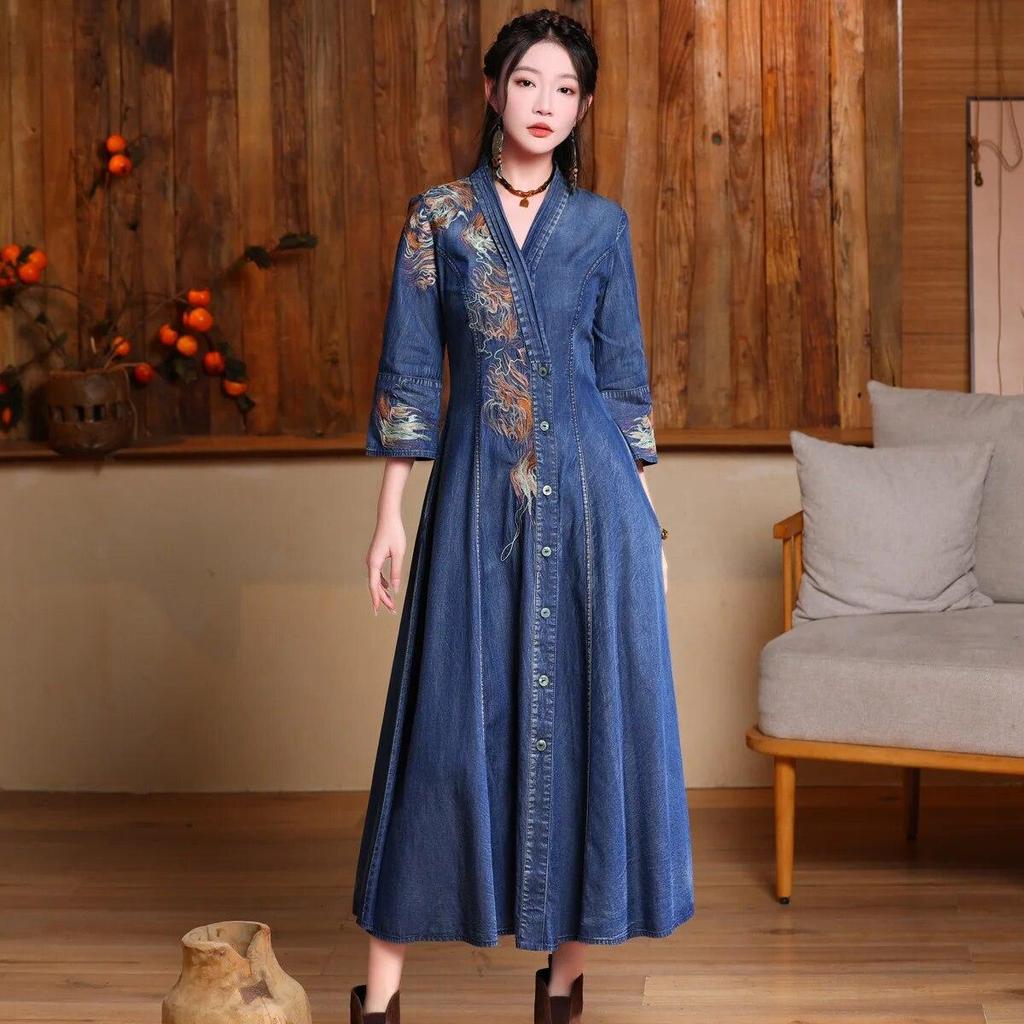 Johnature V-Neck Embroidery Chinese Style Vintage Dress Woman Spring Button Cotton Single Breasted Personality Dress