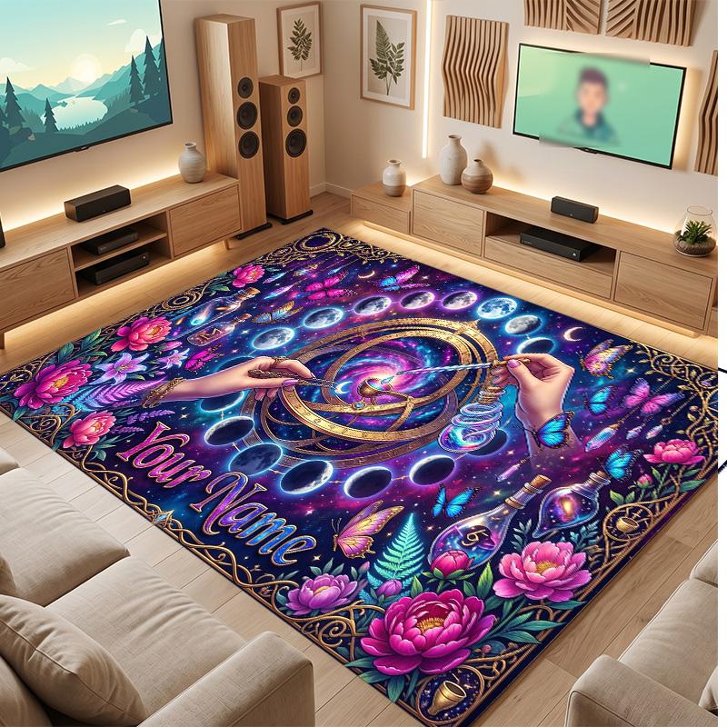 Fantasy Magic Theme Soft Crystal Velvet Rug Custom Name & Text Print Non Slip Floor Rug for Bedroom Living Room