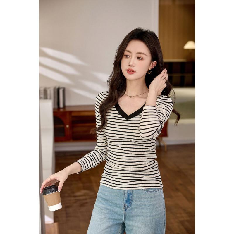 Women S V Neck Striped Long Sleeve Slim Fit T Shirt