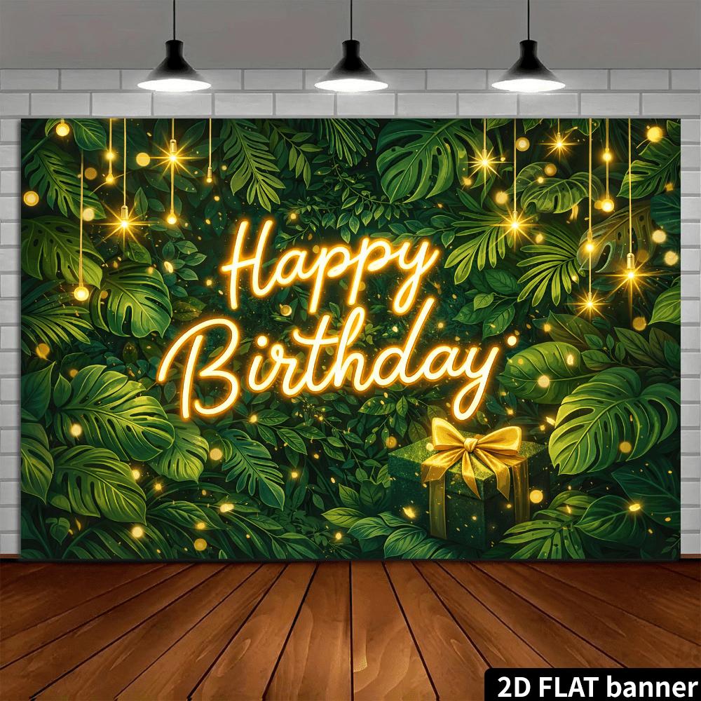 2D Flat 1pc 2D Flat Banner Happy Birthday Theme Decor Backdrop Green Tropical Pattern Gold Lights Green Gift Box Gold Butterfly For