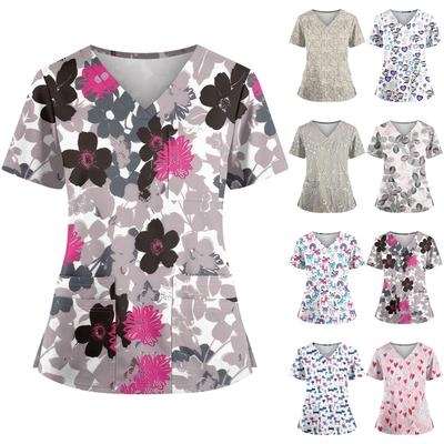 Плюс размерСкраб с принтом Рабочая форма Топы для женщин Крест V-образным вырезом Хэллоуин Принт с короткими рукавами Забавные футболки Спецодежда Футболка с карманами