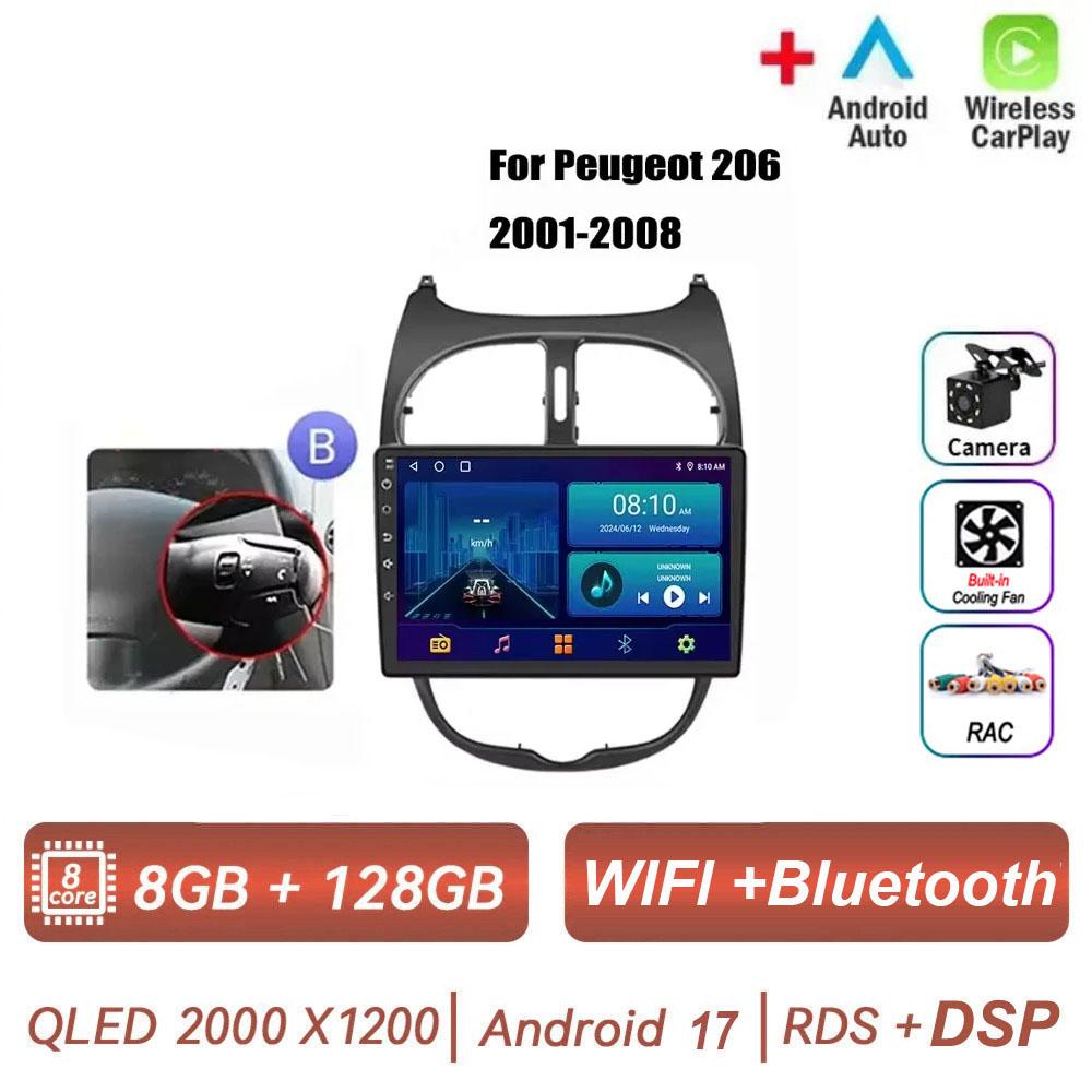 Android 17 pour PEUGEOT 206 206CC 206SW 2001 - 2016 Radio de voiture multimédia automobile sans fil Carplay Accessoires Écran de voiture