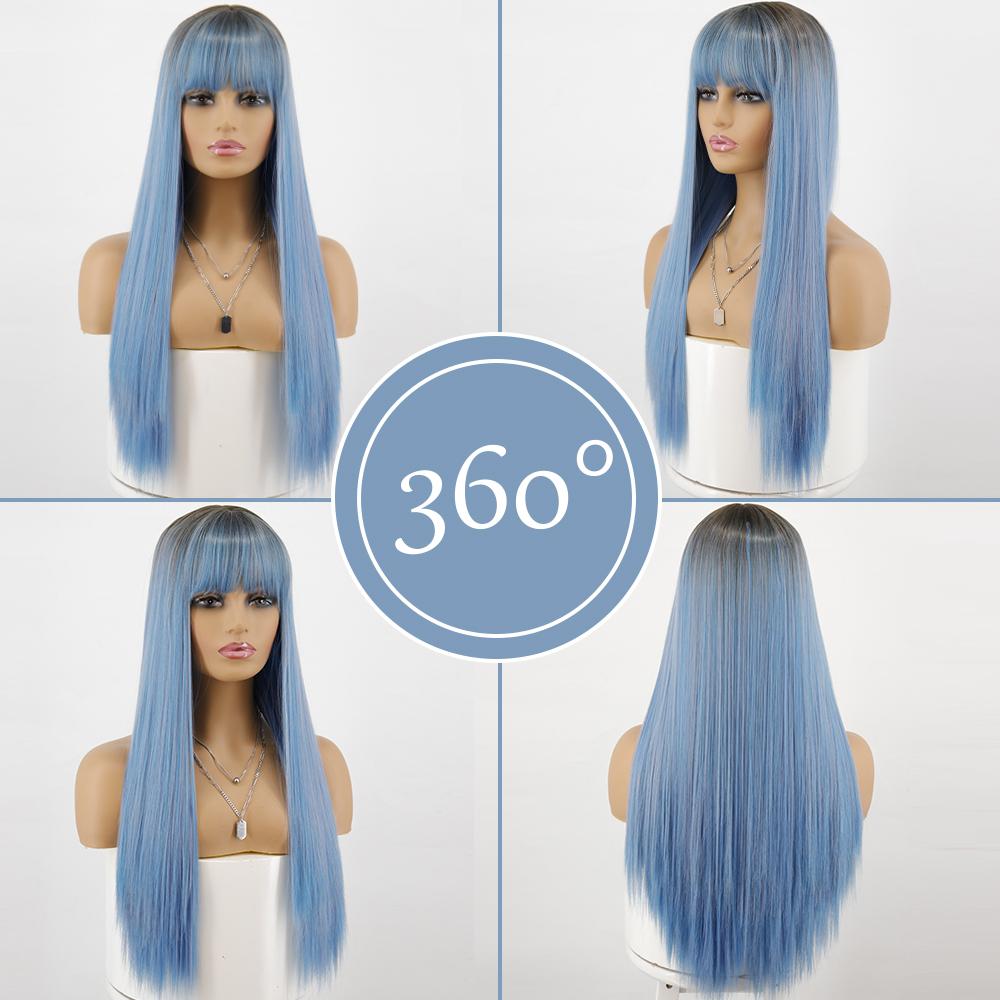 MISS WIG Синтетические длинные прямые синие парики из высокотемпературного волокна Ombre для женщин, вечерние повседневные волосы, парики с челкой