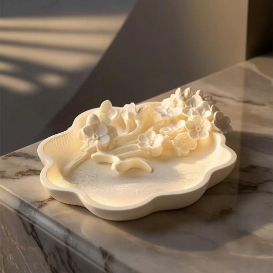 3D Printed Floral Jewelry Tray with Wavy Edge, Carving Flower Earrings Necklace Ring Dish Tray, Decorative Keys Trinkets Holder Organizer Tray