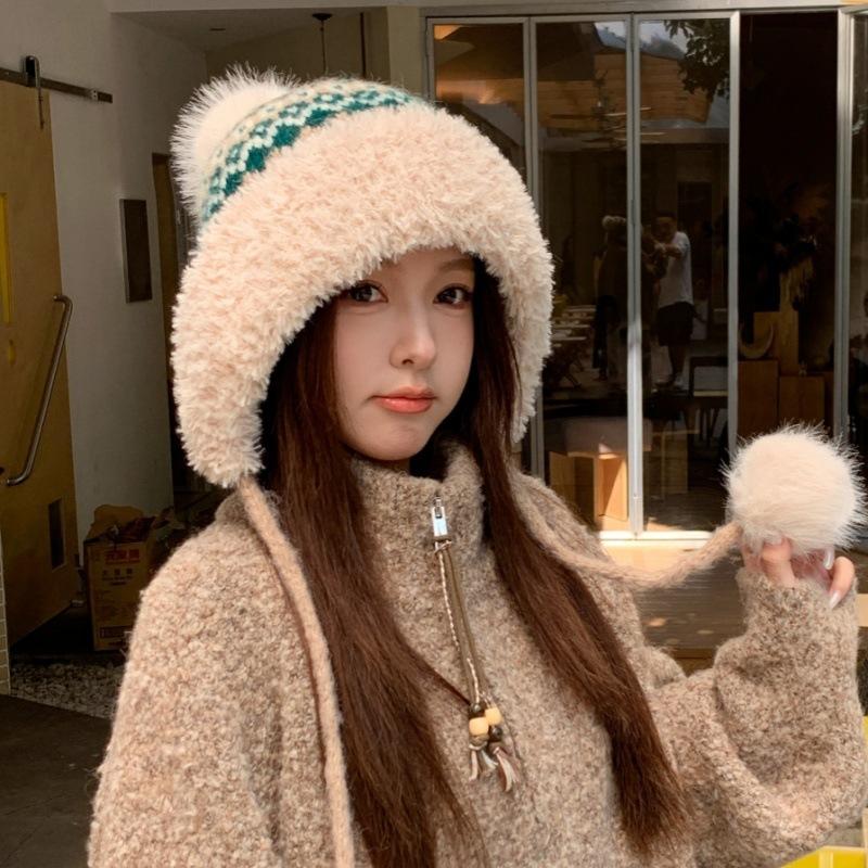 New winter thickened thermal ear protection hat women's sweet plush tether hairball knitted hat outdoor cold-proof Lei Feng hat