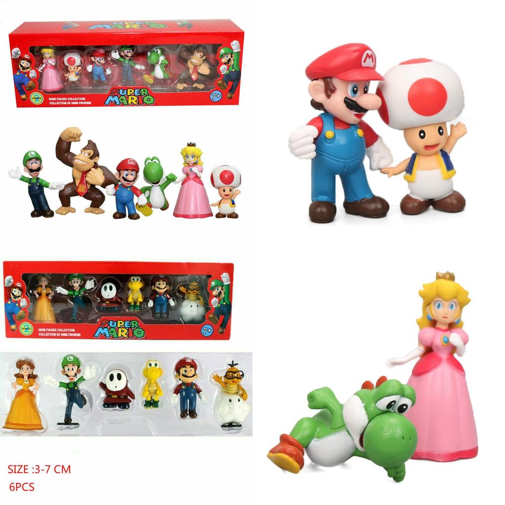 Six Piece Super Mario Bros Action Figure Toys Set Featuring Luigi Yoshi And Mushroom Collectibles For Kids