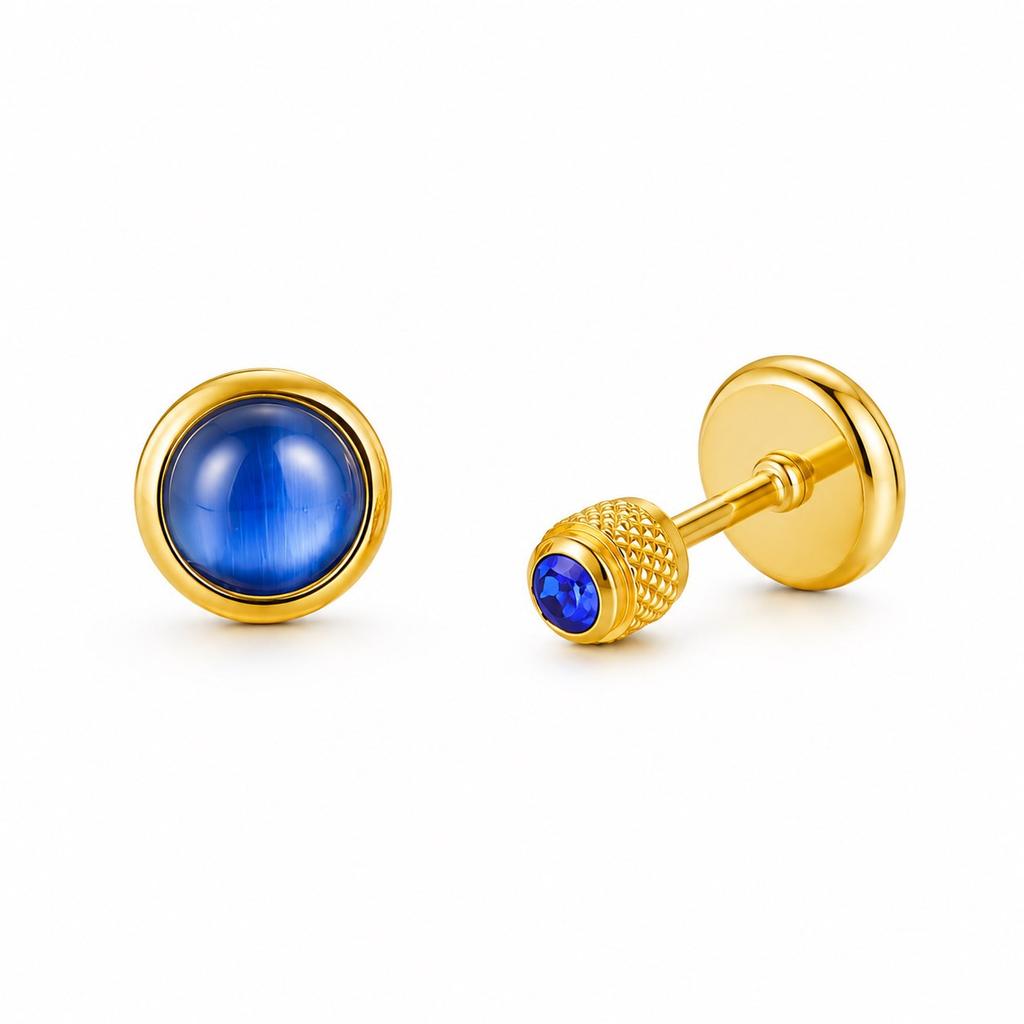 Birthstone Stud Earring for Women,18k Gold Plated Stainless Steel Cat Eye Stone Flat Back, Dainty Everyday Jewelry