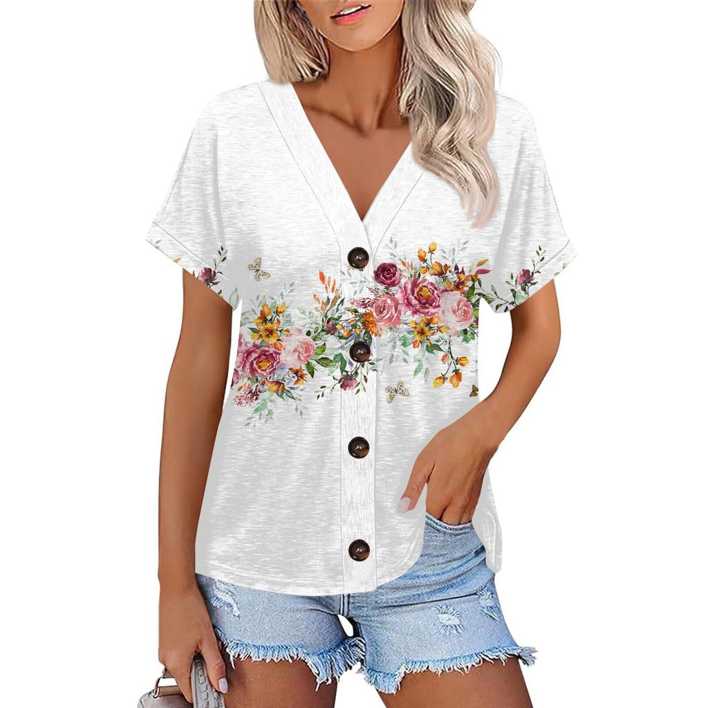 Женская модная повседневная футболка с короткими рукавами и V-образным вырезом, цветочным принтом и застежкой на пуговицы