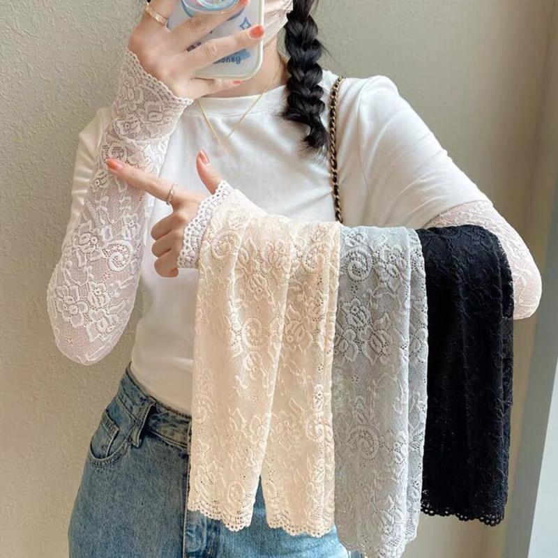 Women Summer Lace Sunscreen Arm Sleeve Breathable Mesh Lace Sleeves Cover Long Fingerless Driving Gloves