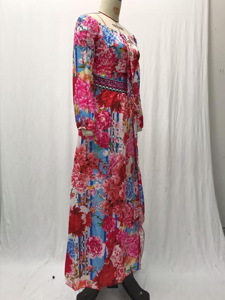 2025 V-Neck Retro Long Sleeve Printed Evening Dress - Spring/Summer Collection