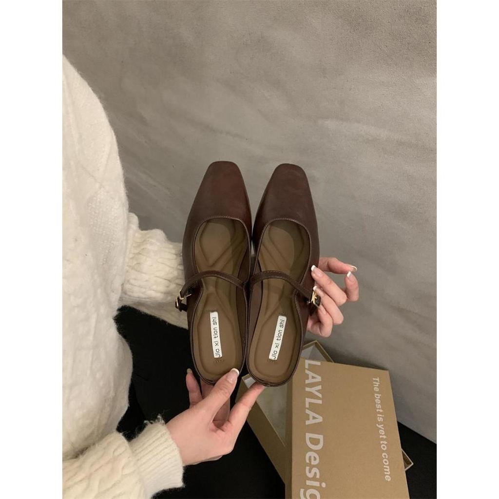 Туфли-полусапожки на толстом каблуке, с сумкой на каблуке, с открытым носком, женская обувь, весна 2025, новые простые и универсальные туфли-лодочки с серебристыми деталями