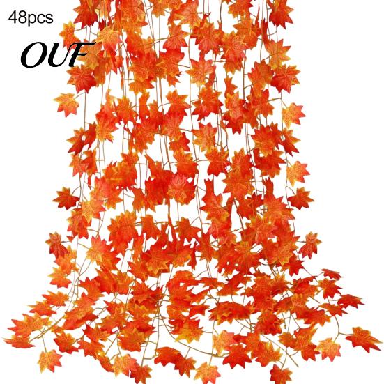Orange Red Autumn Leaf Decor Artificial Maple Garland, Hanging Plant Fake Fall Realistic Silk Leaves Rattan, Gradient for Thanksgiving Home