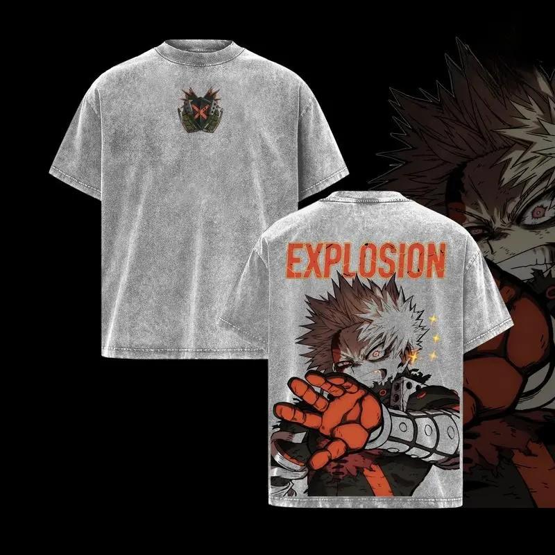 My Hero Academia Bakugou Katsuki Midoriya Izuku Printed Tee Men Women Retro Washed T-shirts Loose Cotton T Shirt Harajuku Tshirt