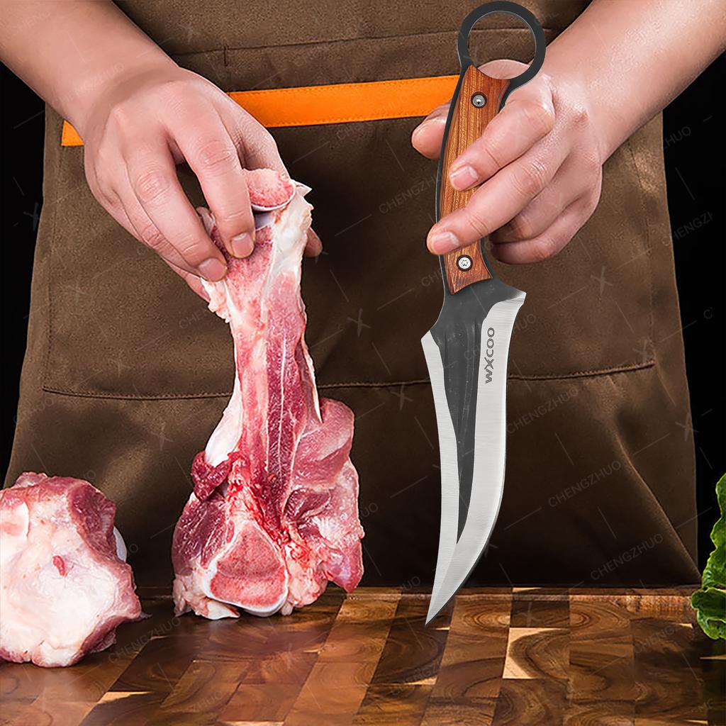 Профессиональный нож для мяса Кованый нож для разделки Нержавеющая сталь Топор Кухонный нож шеф-повара Ножи для мяса, рыбы, фруктов с чехлом