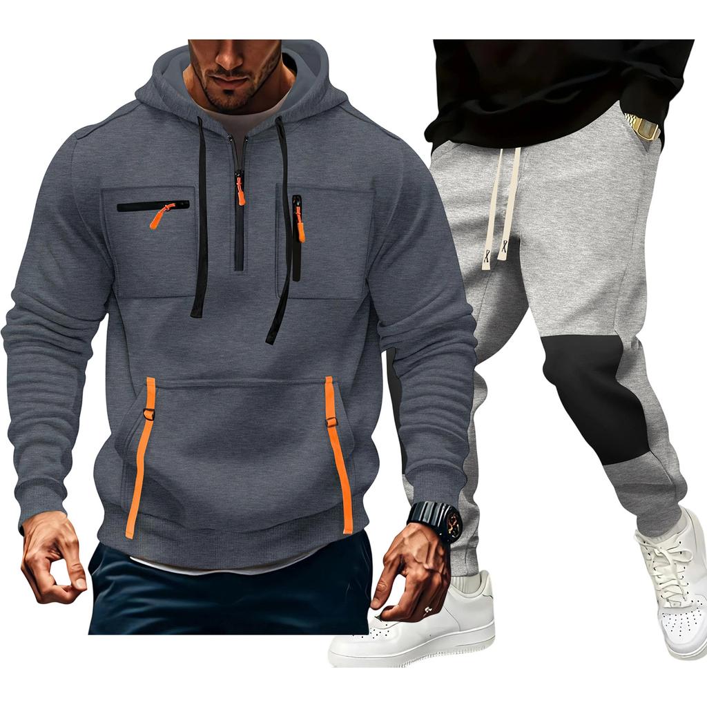 Men'S Hoodie Multi Pocket Hooded Long Sleeved Casual Sports Two-Piece Set